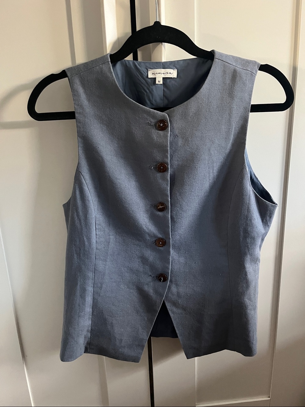 Mimosa Women's Blue Linen Blend Button Front Sleeveless Vest Size Medium